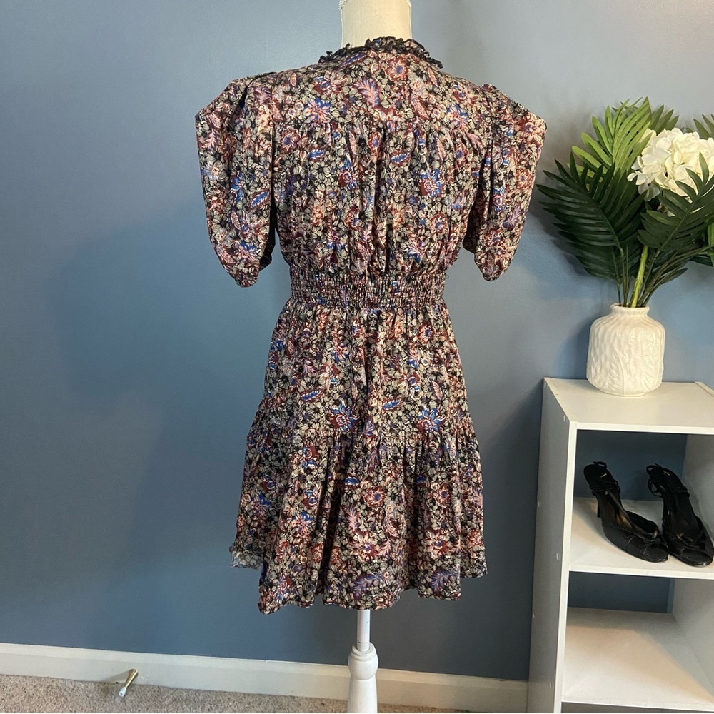 INA Dark Floral Puffy Short Sleeve Smocked Tiered Mini Dress - Picture 12 of 13